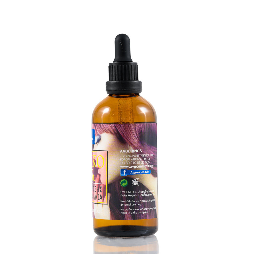 Γυάλινο μπουκάλι με σταγονόμετρο ε φυτικό λάδι επανόρθωσης μαλλιών από το εργαστήριο του φαρμακείου Avgerinos Pharmacy